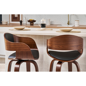 Tabouret de bar design noir et bois foncé noyer H65 cm pivotant 360° GAO