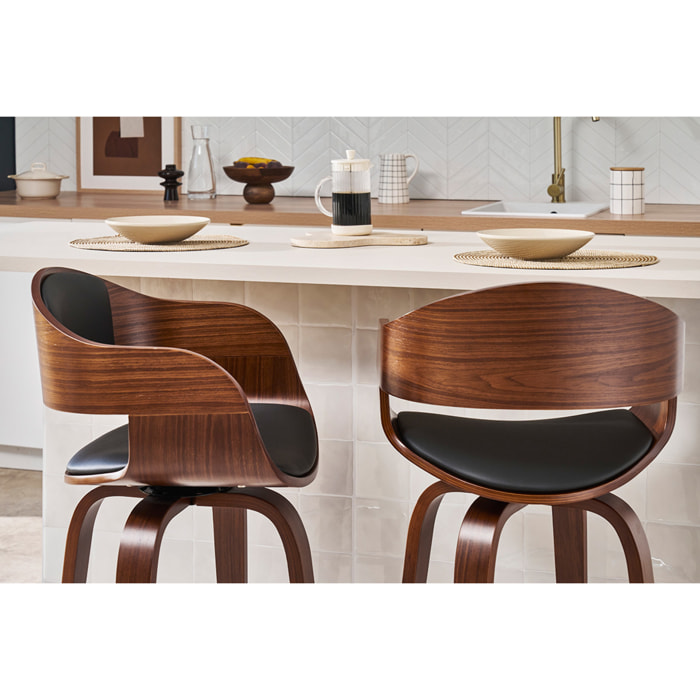 Tabouret de bar design noir et bois foncé noyer H65 cm pivotant 360° GAO