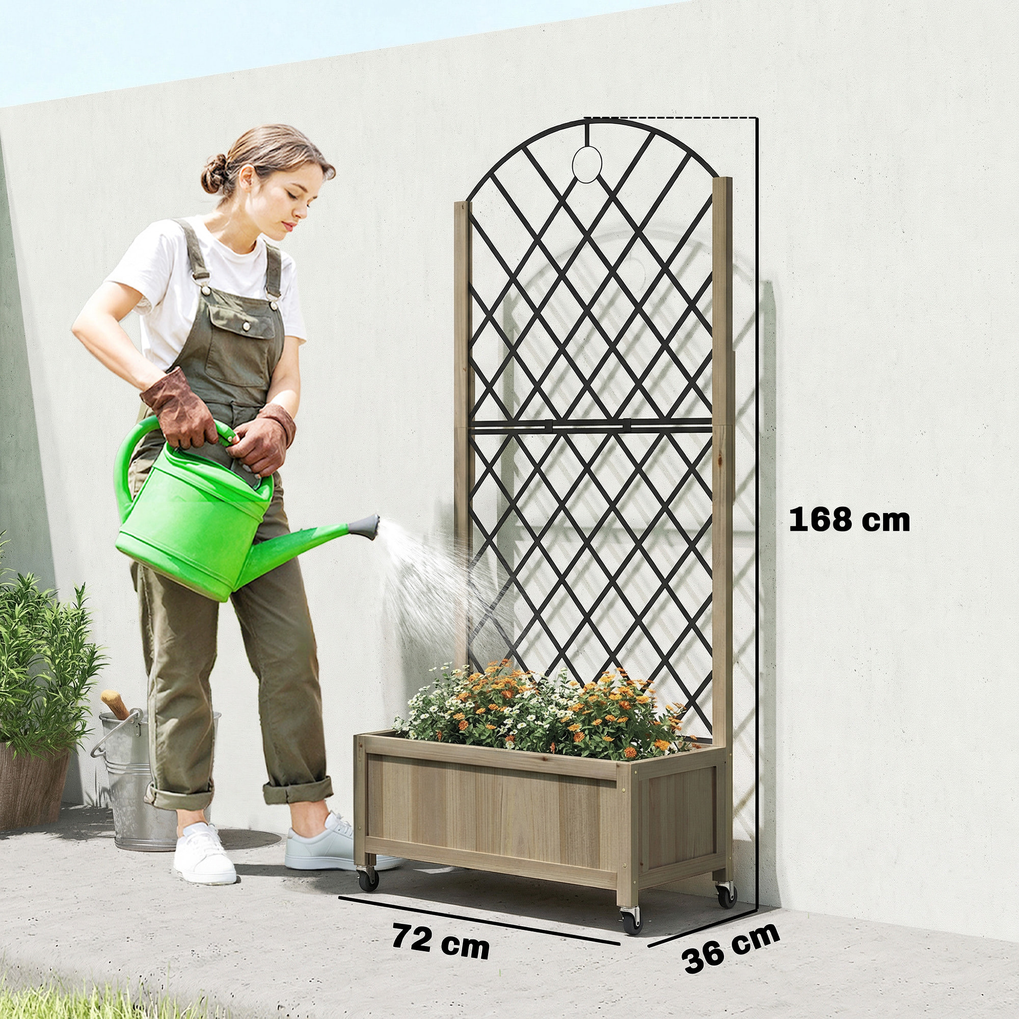 Jardinière mobile treillis haut acier noir bois traité carbonisation