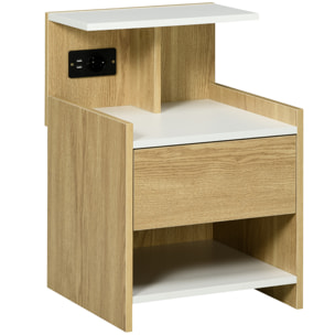 Mesita de Noche Moderna Mesilla de Noche con Puertos USB Toma de Corriente Cajón y Estantes Mesa de Noche para Dormitorio Salón 40x40x60 cm Natural