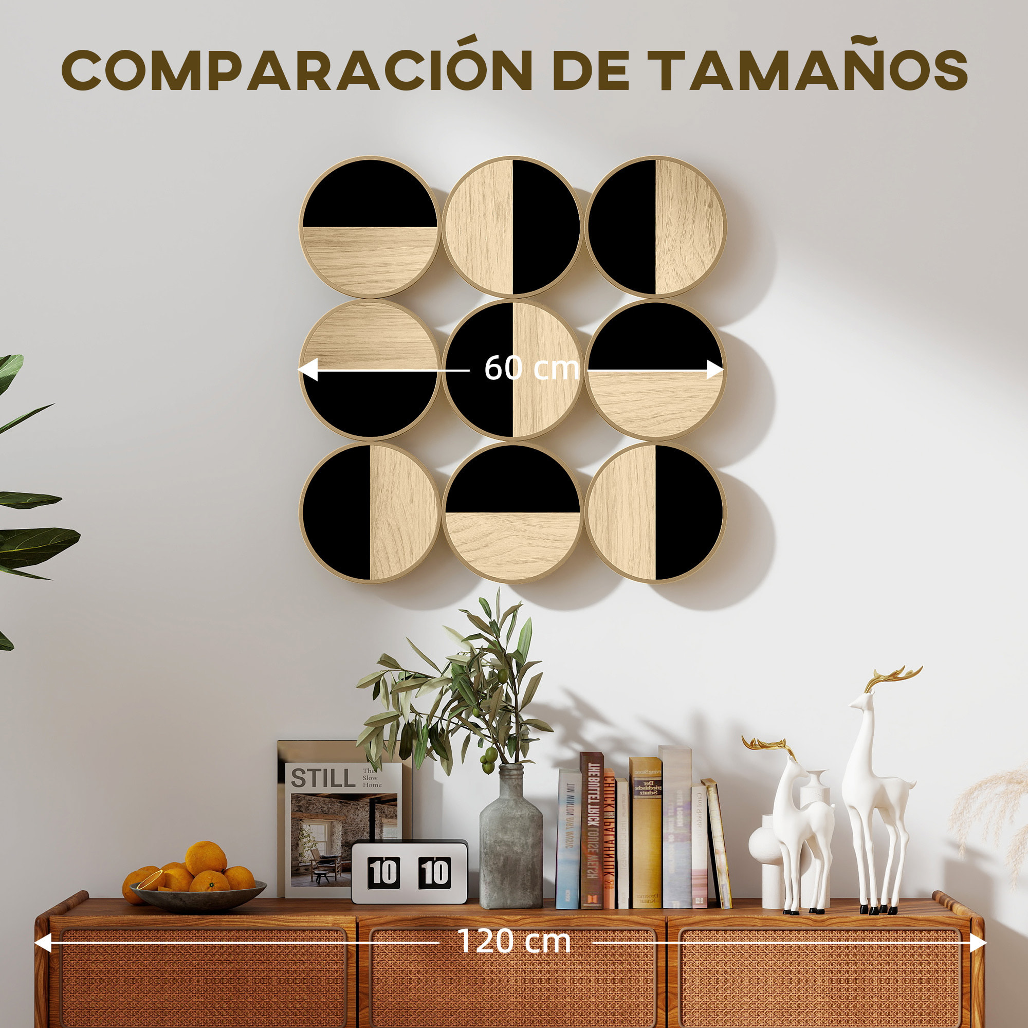 Cuadro Decorativo de Pared Geométrico, Adorno Moderno 3D de 60x60 cm, Escultura de Pared con Espejo de Plástico, Marco Metálico, para Salón, Dormitorio, Pasillo, Negro y Madera Natural