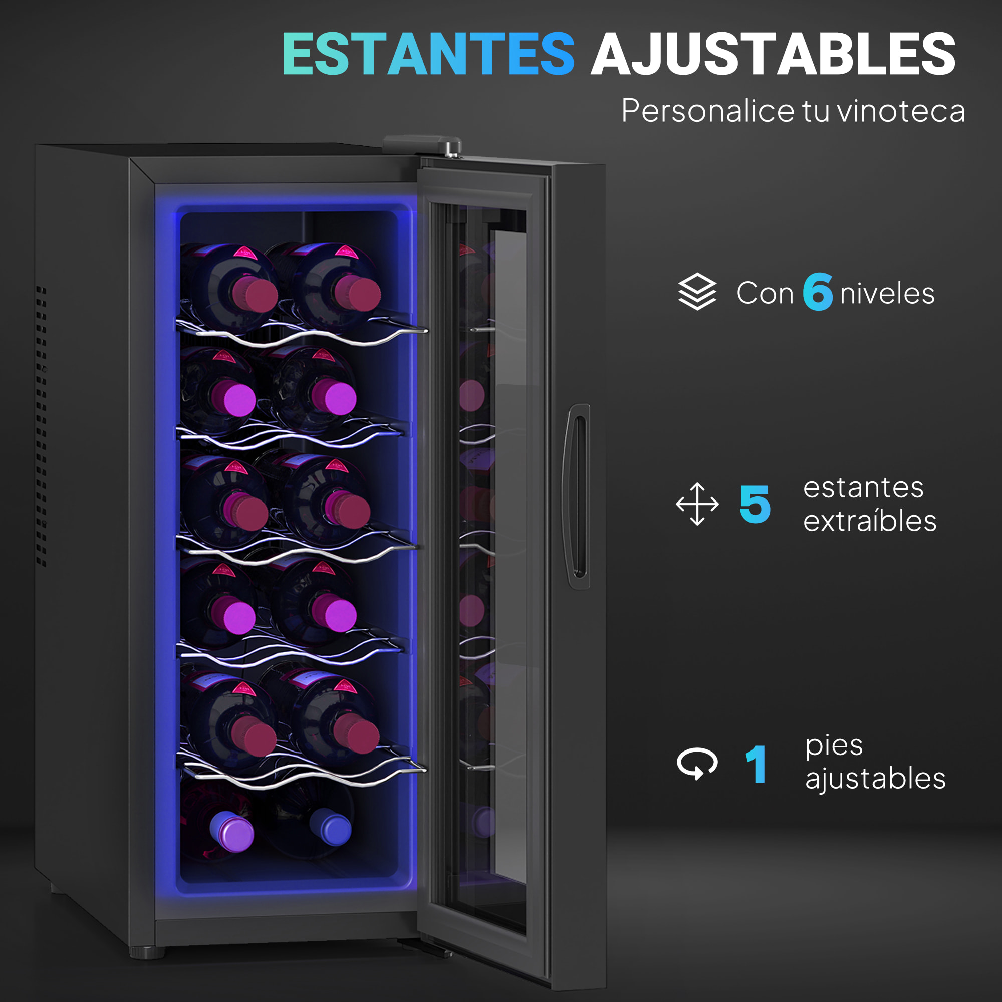 Vinoteca 12 Botellas, Nevera para Vinos con Doble Refrigeración Termoeléctrica, Temperatura Ajustable 8-18„ƒ, Puerta de Vidrio, Anti-UV, Pantalla LED, Luz Interior, Negro