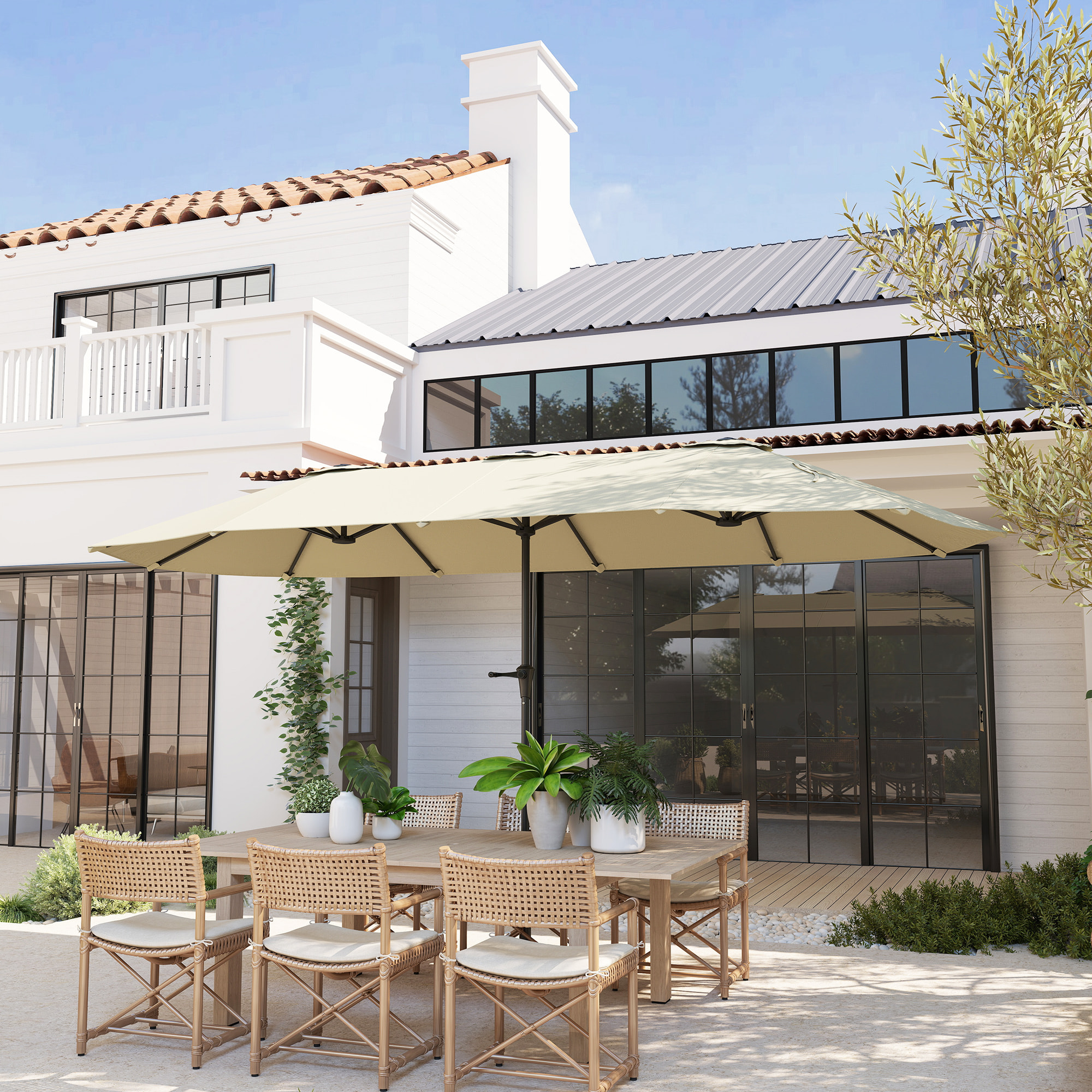 Sombrilla Doble 4x2,2 m Sombrilla Terraza Exterior con Manivela Manual Impermeable y Protección UV30+ Parasol Grande para Terraza Playa Piscina Crema