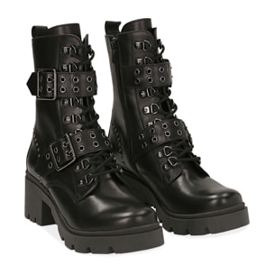 Botas de cuero negro con hebillas y tachuelas, tacón de 4,5 cm