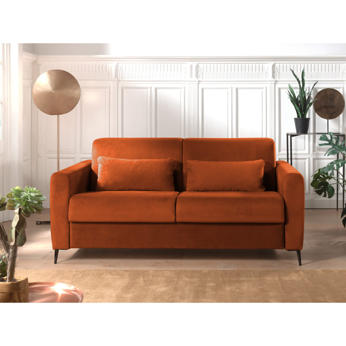 Owen - canapé lit 3 places convertible express couchage quotidien 140 cm matelas 12 cm en velours - Rouille