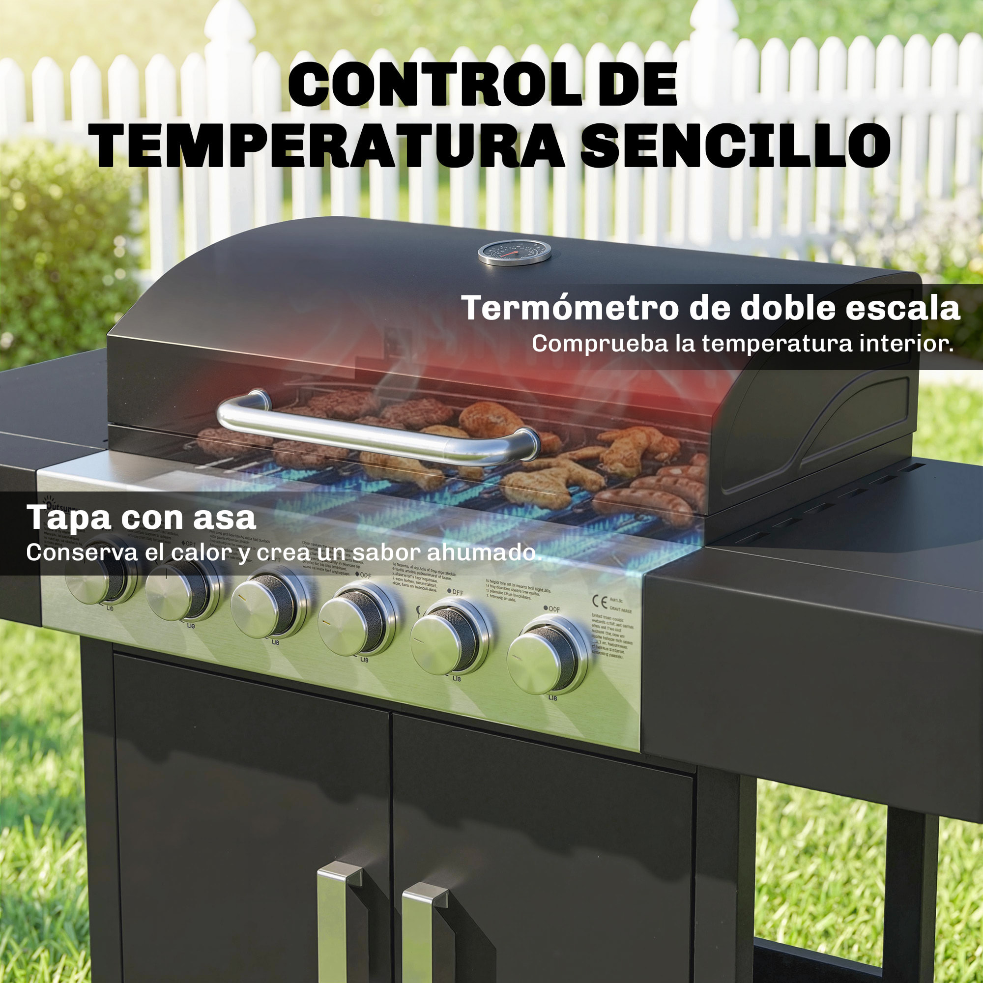 Barbacoa de Gas BBQ Gas con 6 Quemadores 15 kW Barbacoa Portátil con Termómetro Tapa 2 Mesas Laterales Armario Rejilla Calentadora Parrilla Recogedor Grasa Asa 2 Ruedas Negro