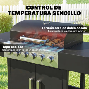 Barbacoa de Gas BBQ Gas con 6 Quemadores 15 kW Barbacoa Portátil con Termómetro Tapa 2 Mesas Laterales Armario Rejilla Calentadora Parrilla Recogedor Grasa Asa 2 Ruedas Negro
