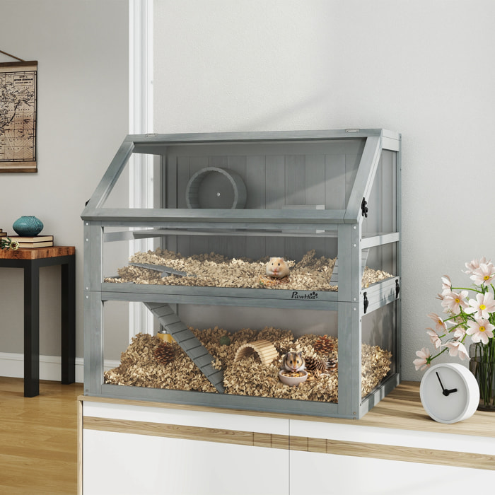 Cage rongeur hamster en bois dim.80x50x76cm 3 niveaux rampes roue bascule cabane gris