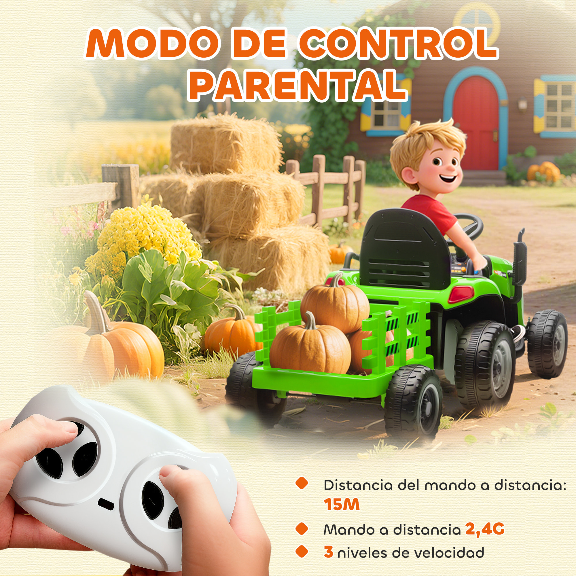 Tractor Eléctrico para Niños con Remolque Desmontable, Tractor de Juguete de Batería 12V, Velocidad 3-5 km/h, Control Remoto 2,4G, Música, Bocina, para Niños de 3-8 Años, Verde