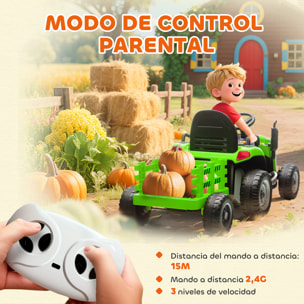 Tractor Eléctrico para Niños con Remolque Desmontable, Tractor de Juguete de Batería 12V, Velocidad 3-5 km/h, Control Remoto 2,4G, Música, Bocina, para Niños de 3-8 Años, Verde