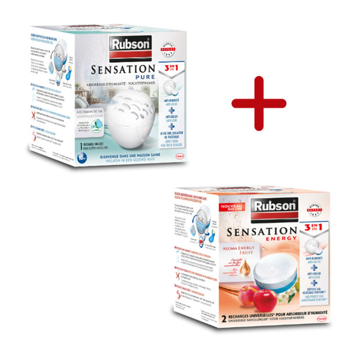 Rubson Absorbeur d'Humidité Sensation Pure 10m², incluant 1 recharge Neutre + Lot de 2 recharges Sensation parfum fruits