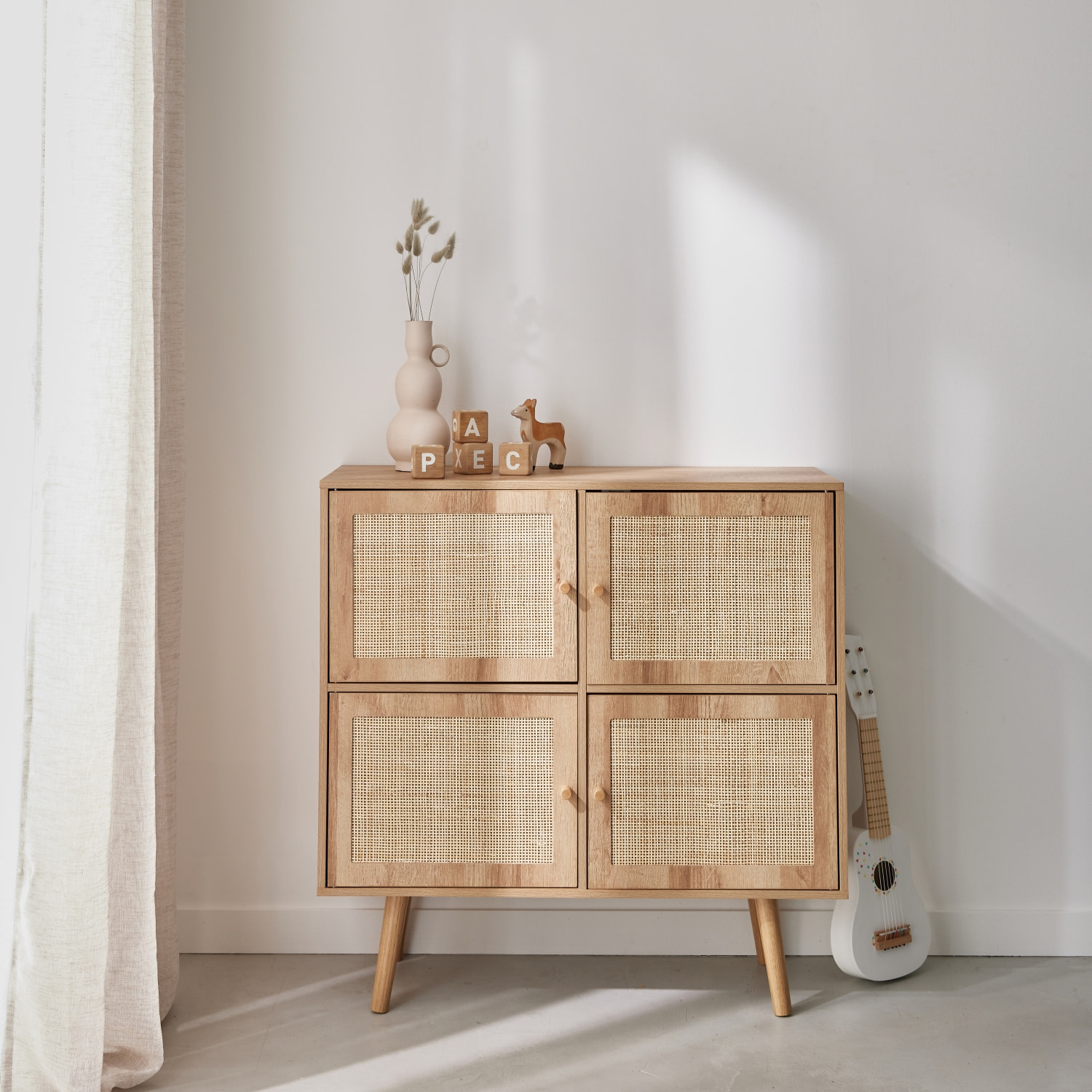 Commode enfant décor bois et cannage 4 portes BOHÈME