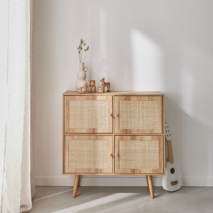 Commode enfant décor bois et cannage 4 portes BOHÈME