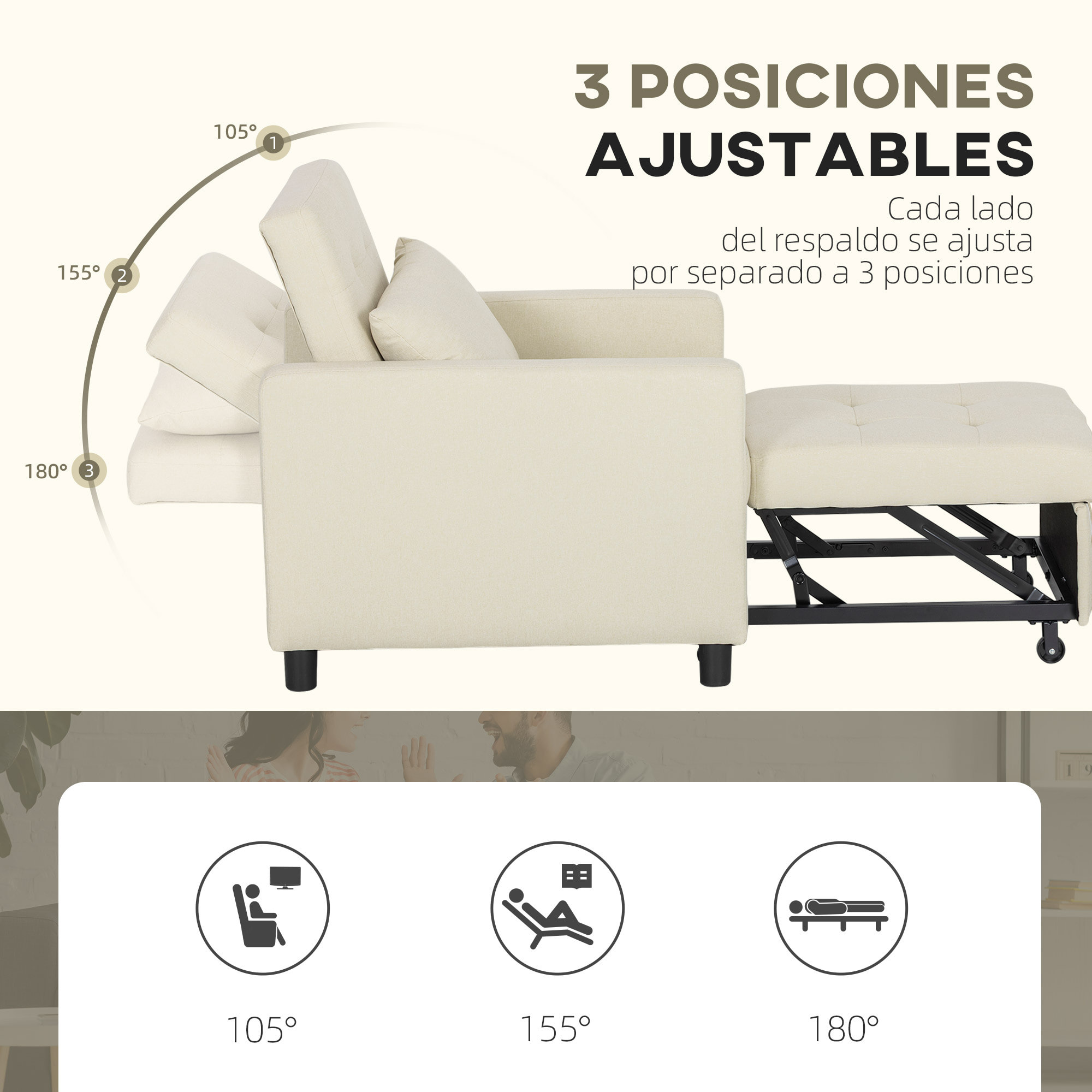 Sofá Cama de 1 Plaza 3 en 1, Sillón Cama Tapizado en Lino, con Respaldo Ajustable de 3 Niveles, Almohada Acolchada, para Oficina, Dormitorio, Salón, 69x82,5x84 cm, Beige