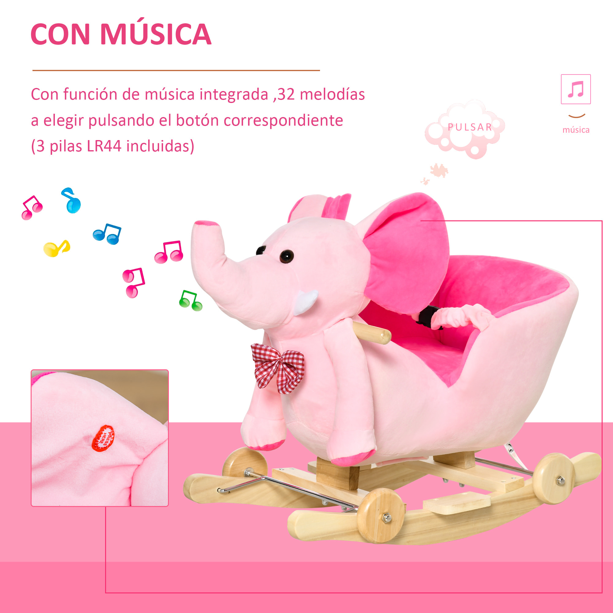 Caballito Balancín con Ruedas Forma de Elefante Caballo Balancín para Bebés de +18 Meses con Músicas Infantiles y Cinturón de Seguridad Carga 60 kg 60x35x45 cm Rosa