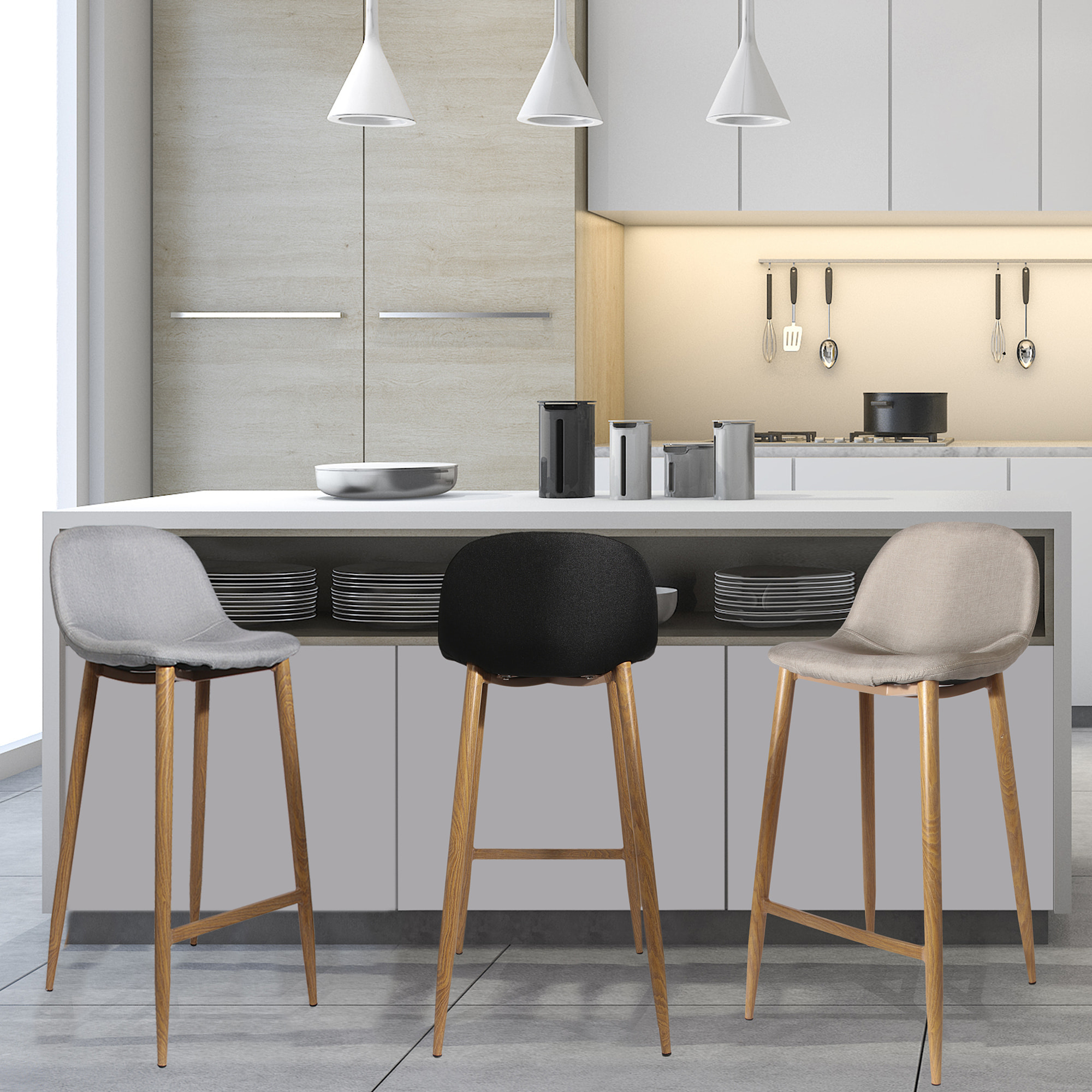 Tabouret De Bar Tissu Gris Pieds Metal - Lot De 4