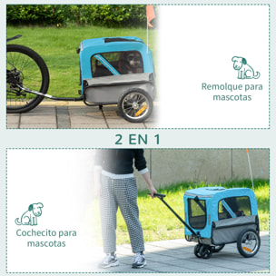 Remolque de Bicicleta para Perros 2 en 1 con Mango Extraíble 129x55,5x92 cm Azul