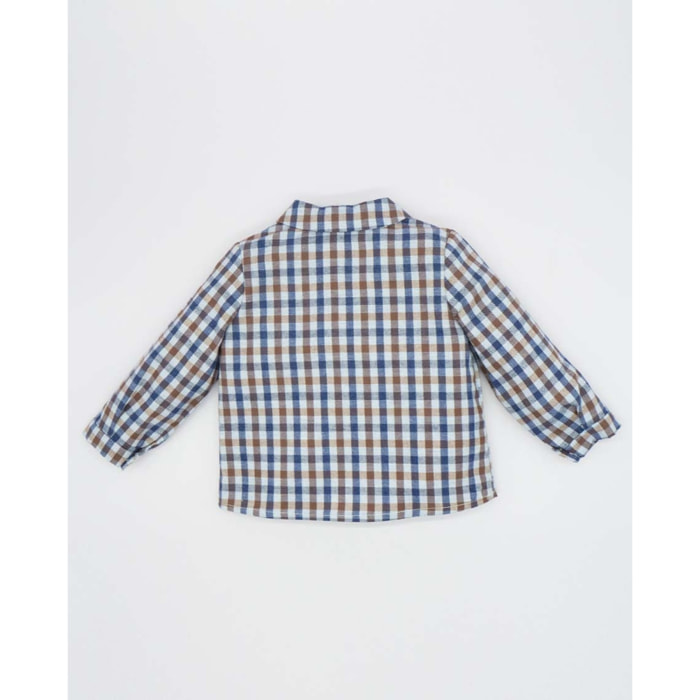 Camisa cuello camisero cuadros beige y azul