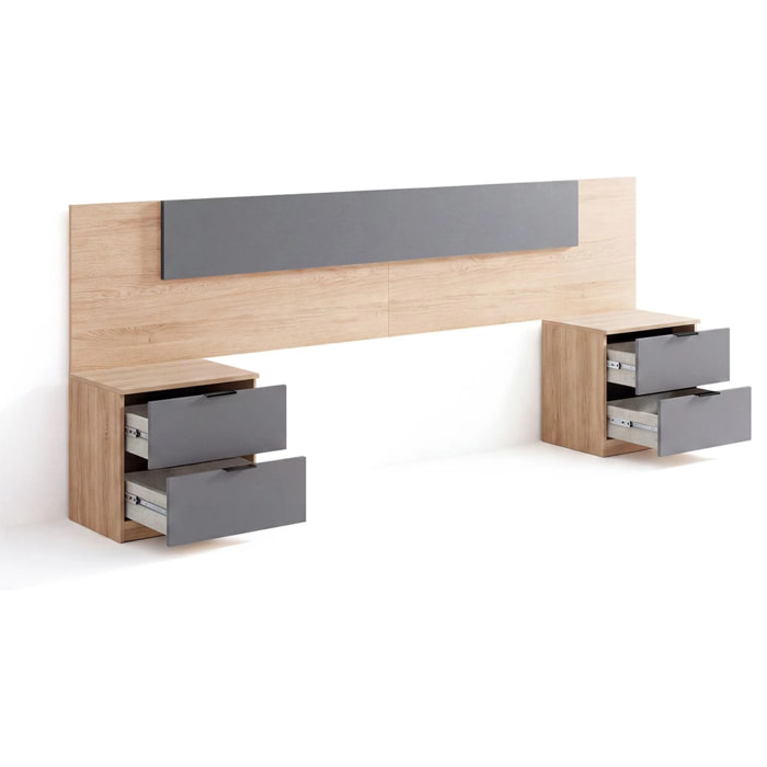 Cabecero para cama de 135-150 cm y 2 mesitas con cajones en roble canadian y gris grafito Akari Roble Canadian - Gris Grafito