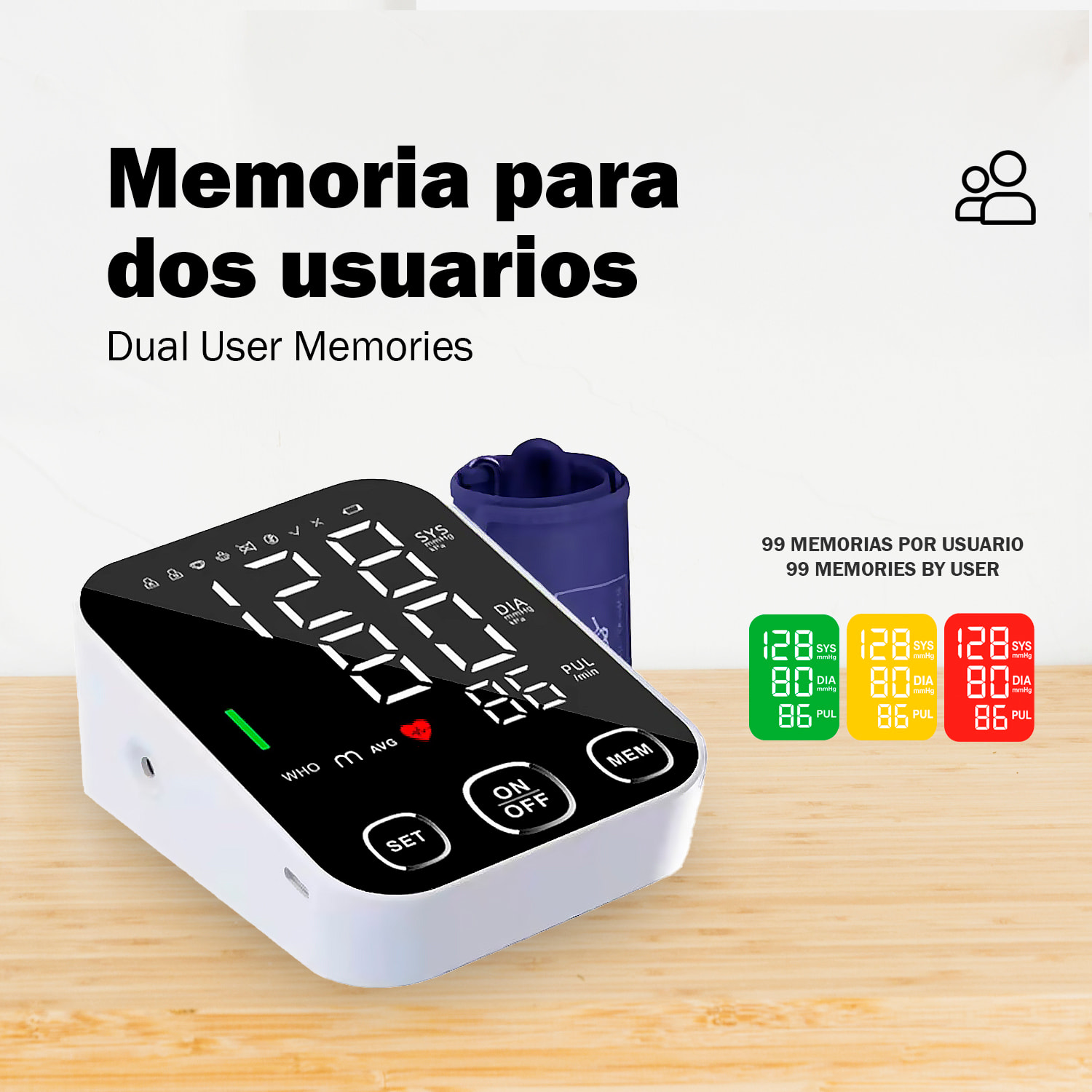 Tensiómetro electrónico S03 de brazo con avisos de voz, 198 registros de mediciones con modo de 2 usuarios.