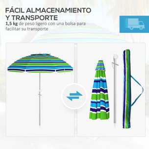 Sombrilla de Playa Ø178x205 cm Parasol para Terraza con Reclinación 45° Altura Ajustable Apertura Manual Anti-UV Impermeable y Bolsa de Transporte para Jardín Piscina Multicolor