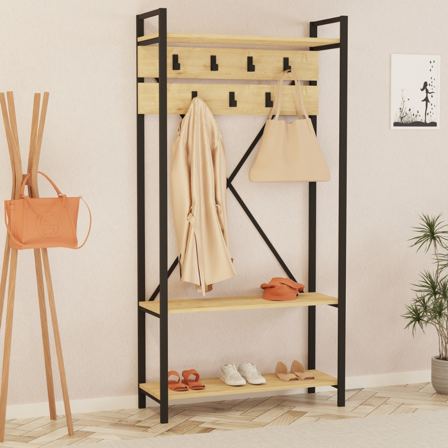 JUBA - Meuble d'entrée style industriel avec étagères et porte-manteaux