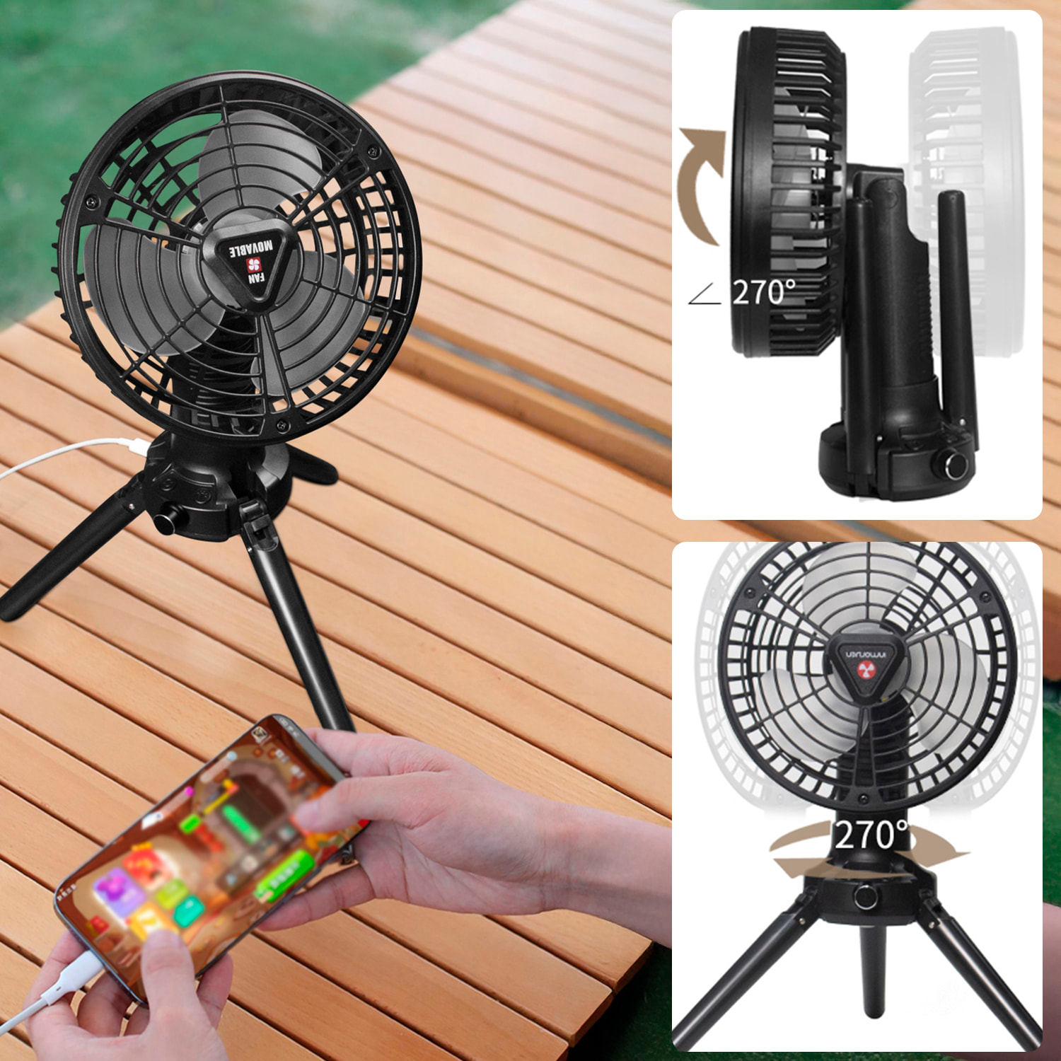 Ventilatore x77 con LED con 7 luci, velocità regolabile e 3 livelli di luce. Oscillazione di 120º e angolo regolabile di 1800º. Con treppiede, gancio per appendere e powerbank di 7800mAh.