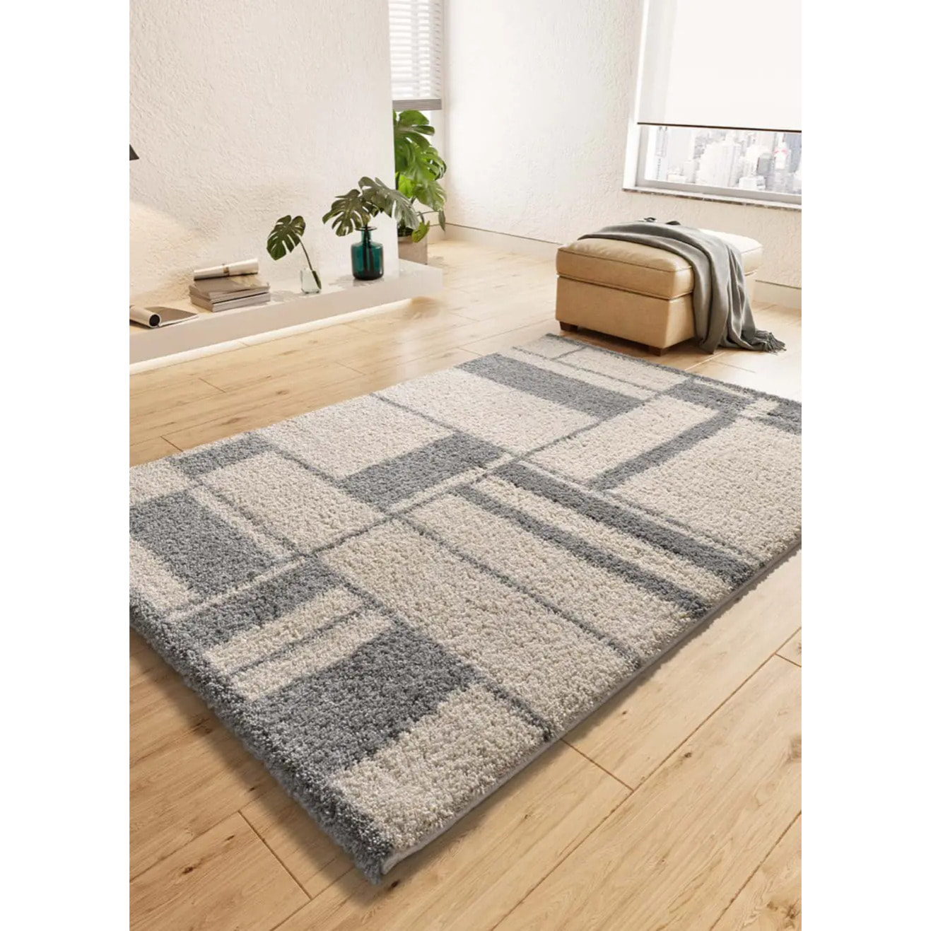 HELIA Alfombra shaggy geométrica en tonos beige y gris, varias medidas disponibles
