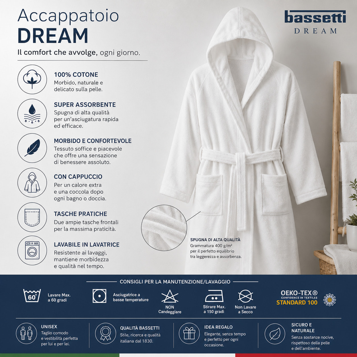 BASSETTI Accappatoio in spugna con cappuccio Beige