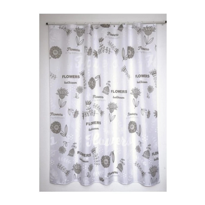 Rideau de douche Polyester FLOWERS 180x200cm QUALITE PREMIUM Gris & Blanc - Anneaux inclus MSV