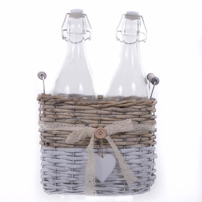 2 Bottiglie Con Cesto. Altezza 33 Cm - Pezzi 2 - 25X33X13cm - Colore: Bianco - Bianchi Dino - Oggettistica, Componenti D'Arredo