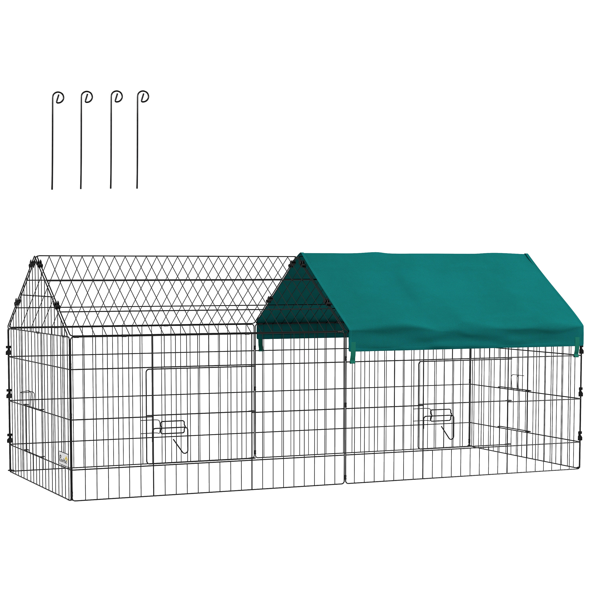 Parc enclos petits animaux - 2 portes, 2 trappes nourrissages, zone couverte - acier noir polyester vert