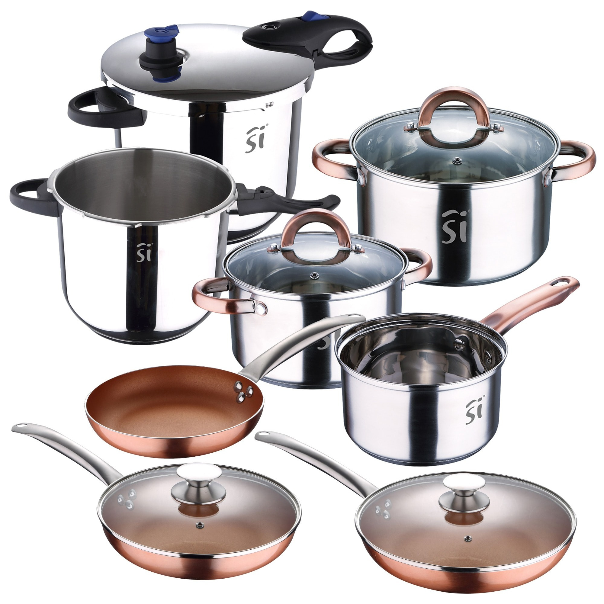 Set batería 5pc acero inox + 2 ollas a presión con tapa + set 5pc sartenes (con tapas) ø20ø24ø28 para inducción san ignacio