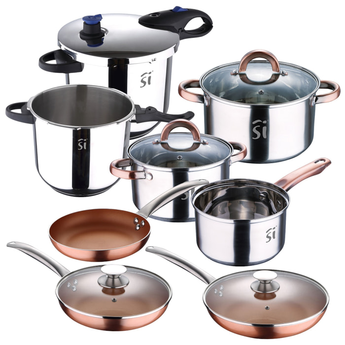Set batería 5pc acero inox + 2 ollas a presión con tapa + set 5pc sartenes (con tapas) ø20ø24ø28 para inducción san ignacio
