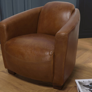 GASTON - Fauteuil marron CHICAGO vintage cuir pieds bois