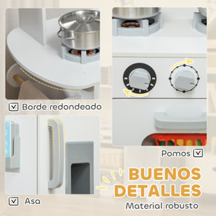 Cocina de Juguete para Niños +3 Años Cocina de Madera Infantil Cocinita Infantil con Fogón Grifo Fregadero Microondas Reloj Máquina de Hielo y Accesorios de Cocina Blanco