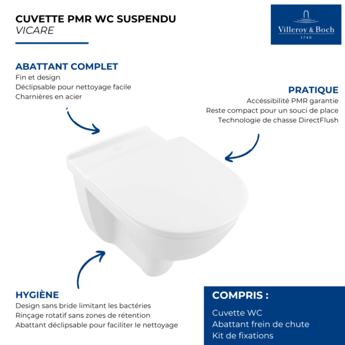 Cuvette WC suspendu PMR compact sans bride VILLEROY & BOCH ViCare blanc + Abattant