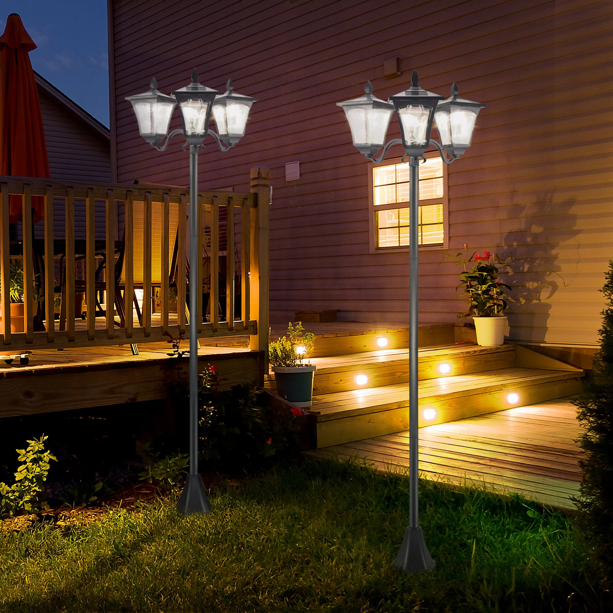 Conjunto de 2 Farolas Solares de Exterior Luces Solares de Pie con 3 Luces LED Impermeable IP44 para Camino Terraza Patio 51,5x47x182,5 cm Negro