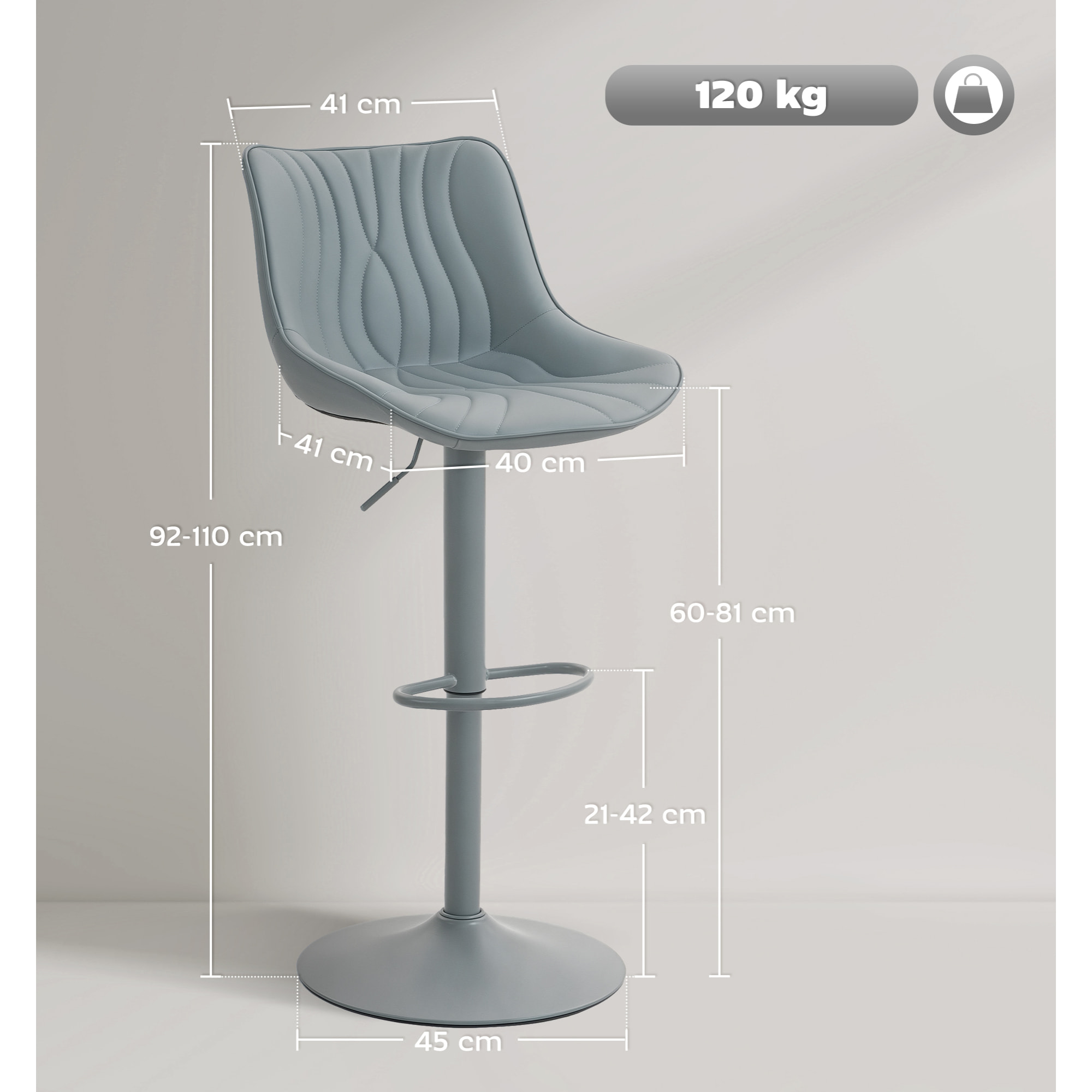 Juego de 2 Taburetes de Bar Taburetes Altos de Cocina Giratorios con Altura Ajustable 92-110 cm Respaldo Asiento de Piel Sintética Marco de Acero y Reposapiés para Comedor Mostrador Gris