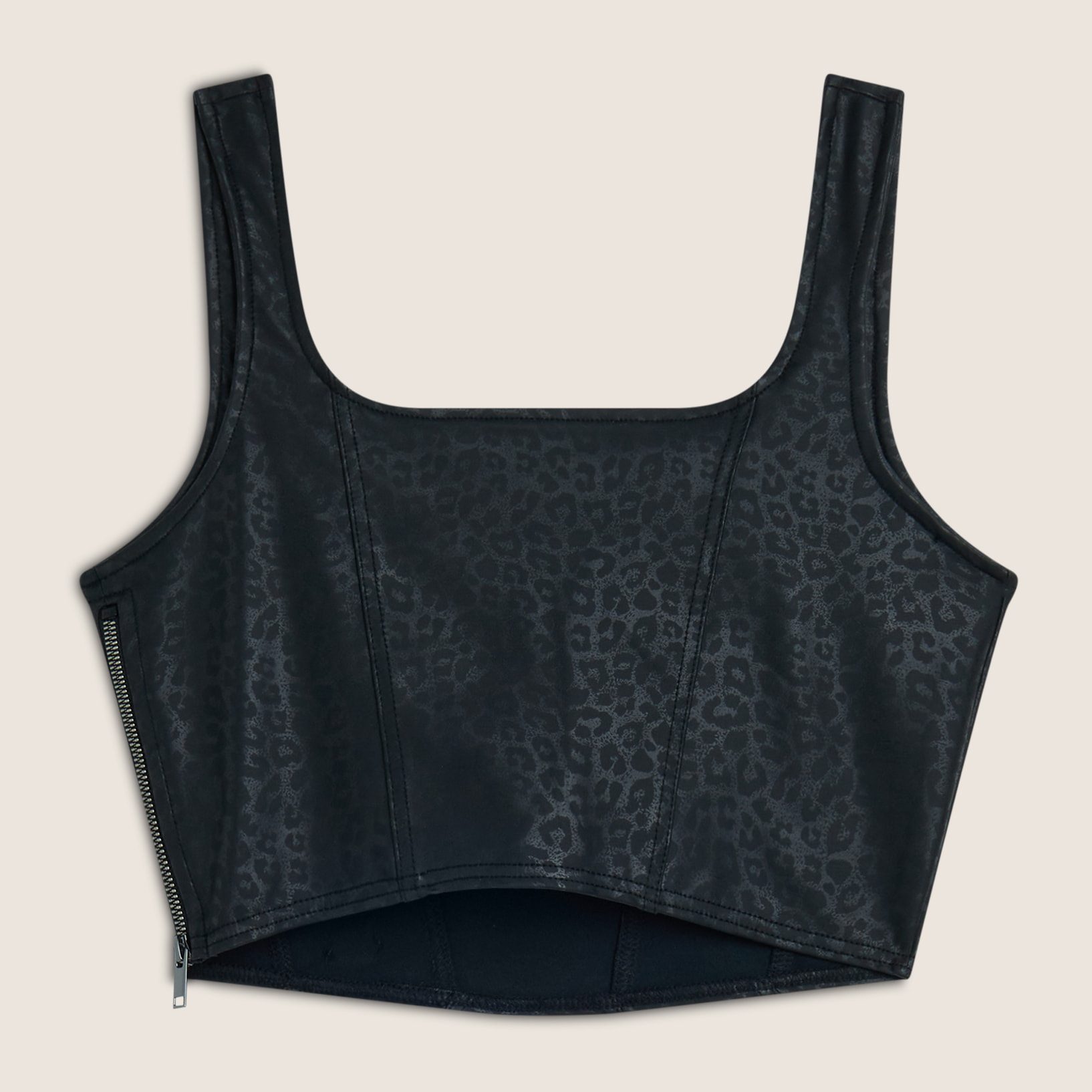 Top corto a bustier in similpelle stampa animalier lucida