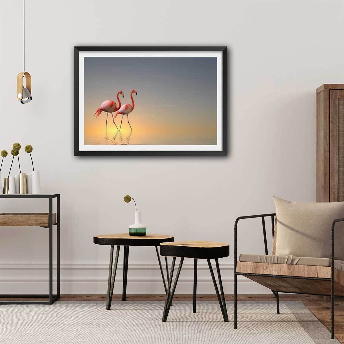 Affiche animaux flamands bleus Affiche + cadre en bois - Noir