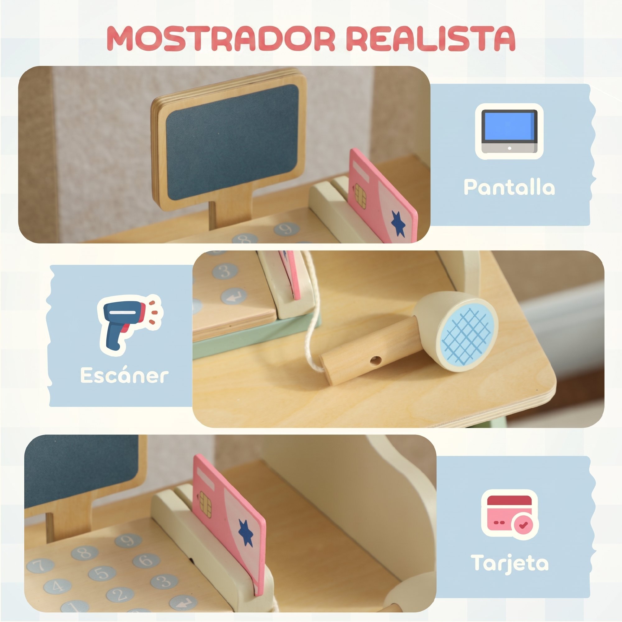 AIYAPLAY Supermercado de Juguete de Madera, Caja Registradora con Escáner y Tarjeta, Puesto de Mercado Infantil con Pizarra, Cajas, Toldo y Accesorios, Regalo para Niños de +3 Años, Verde