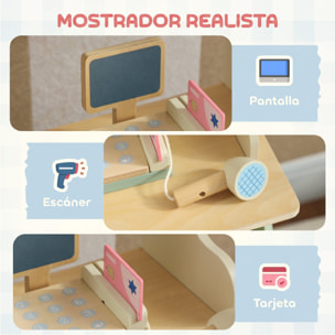 AIYAPLAY Supermercado de Juguete de Madera, Caja Registradora con Escáner y Tarjeta, Puesto de Mercado Infantil con Pizarra, Cajas, Toldo y Accesorios, Regalo para Niños de +3 Años, Verde