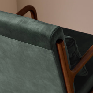 Fauteuil scandinave bois d'hévéa teinté noyer clair et velours LORENS