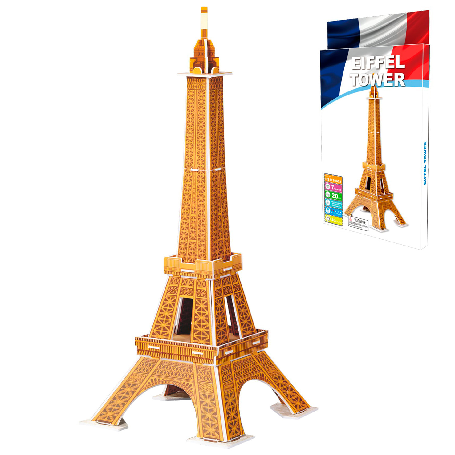 Puzle 3D de cartón de la Torre Eiffel situada en París. 20 piezas.