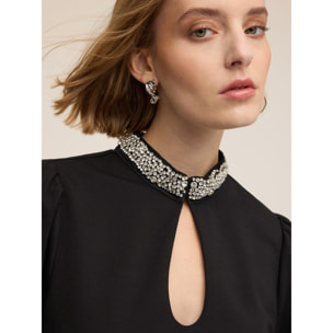 Motivi - Vestido en punto milano con cuello bordado - Negro