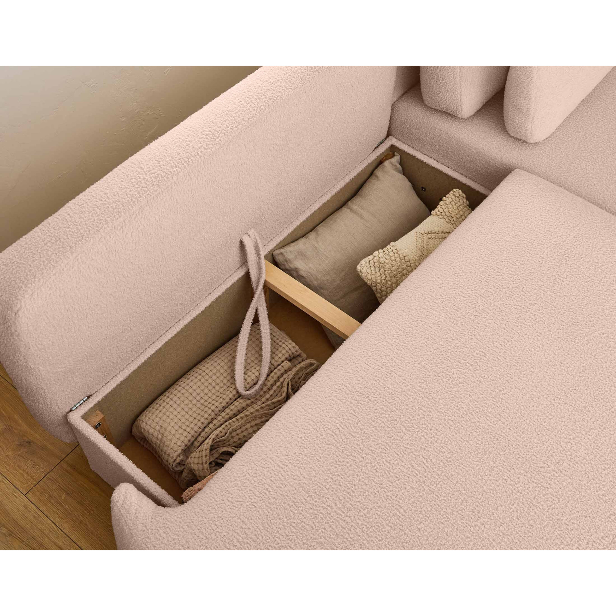 Mahina - canapé d'angle droit - 4 places - convertible avec coffre - en tissu bouclette - Rose
