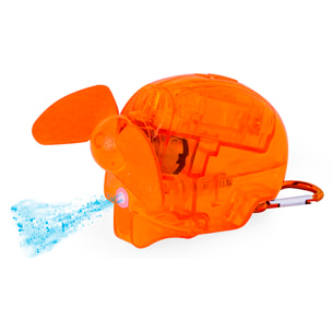 Ventilador vaporizador portátil con depósito de 35 ml y pulverización de agua. Incluye mosquetón para transportarlo cómodamente.