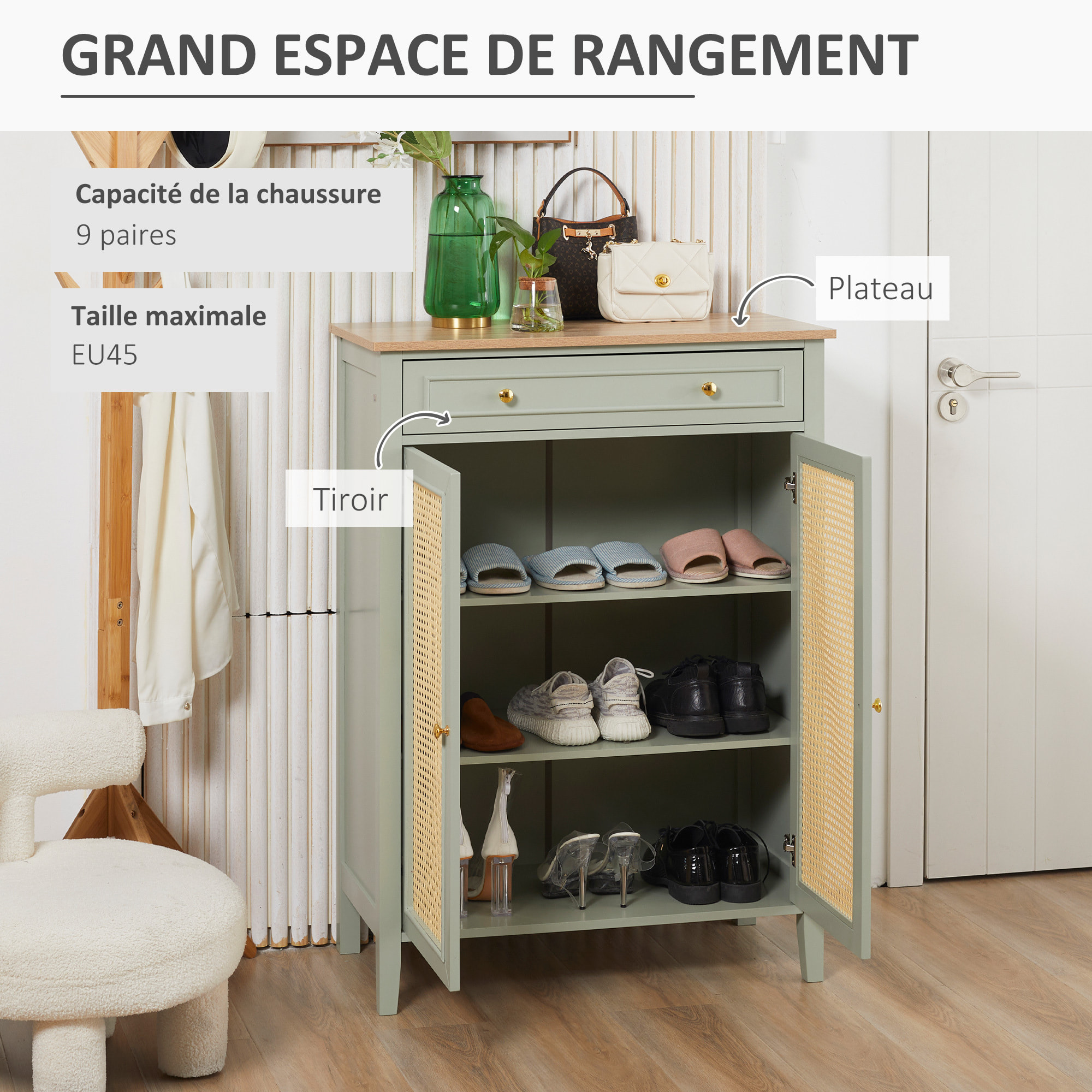 Meuble à chaussures style bohème chic - 2 portes 2 étagères réglables tiroir - MDF vert d'eau aspect chêne clair rotin