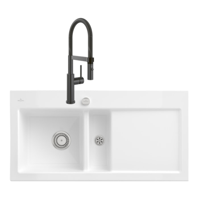 Evier Subway Pure 60 1 bac et demi égouttoir à droite vidage auto + Robinet Steel Expert 2.0 Anthracite